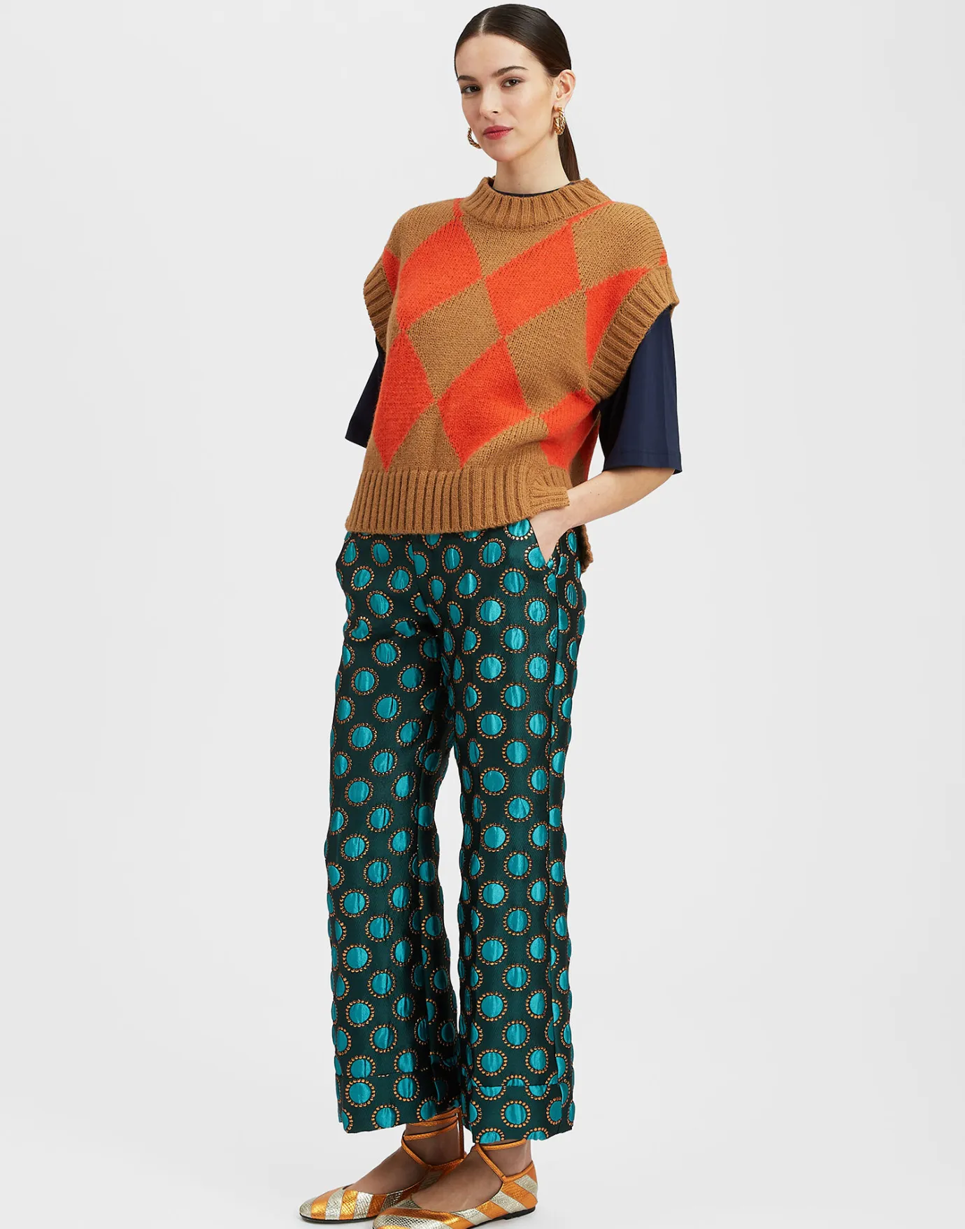 La DoubleJ Argyle GiletCamel / Orange in Wool | Pulls | READY TO WEAR