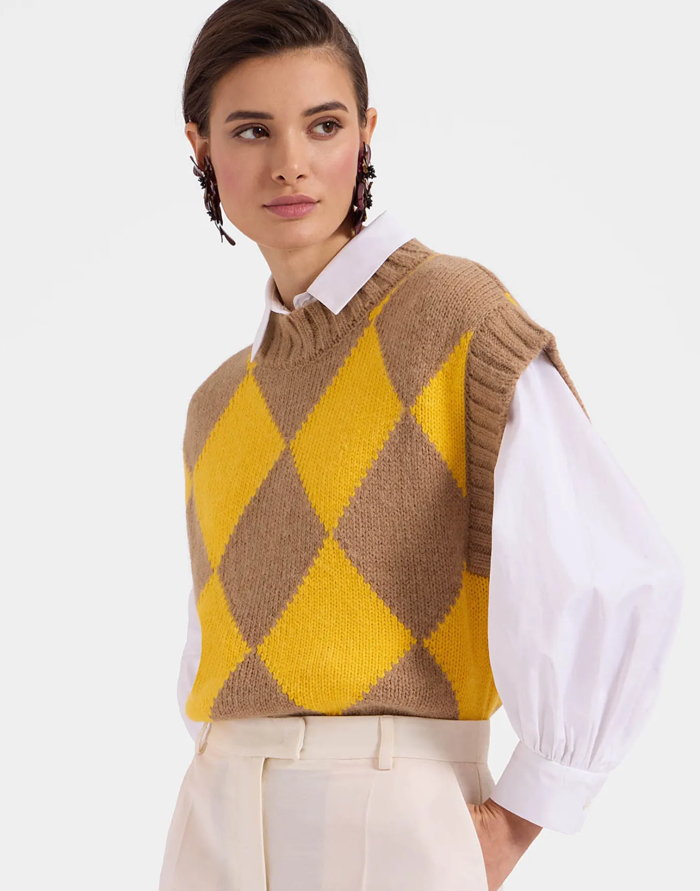 La DoubleJ Argyle GiletCamel/Yellow in Wool | Pulls | READY TO WEAR