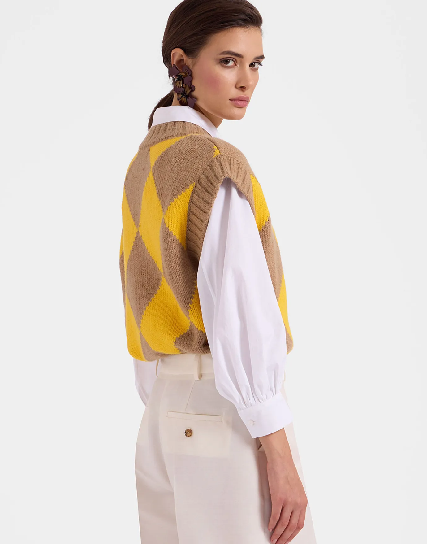 La DoubleJ Argyle GiletCamel/Yellow in Wool | Pulls | READY TO WEAR