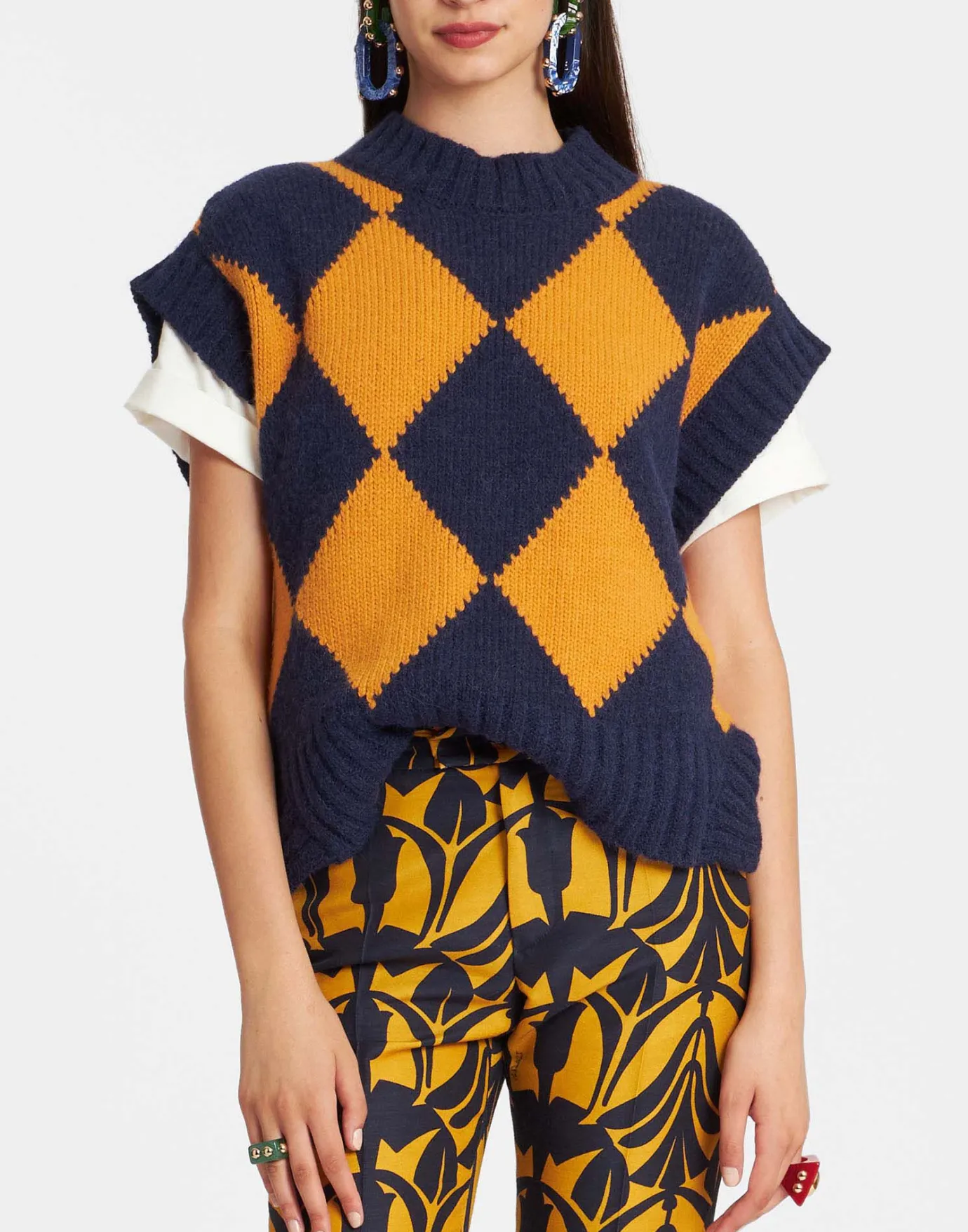 La DoubleJ Argyle GiletNavy & Yellow in Wool | Pulls | READY TO WEAR