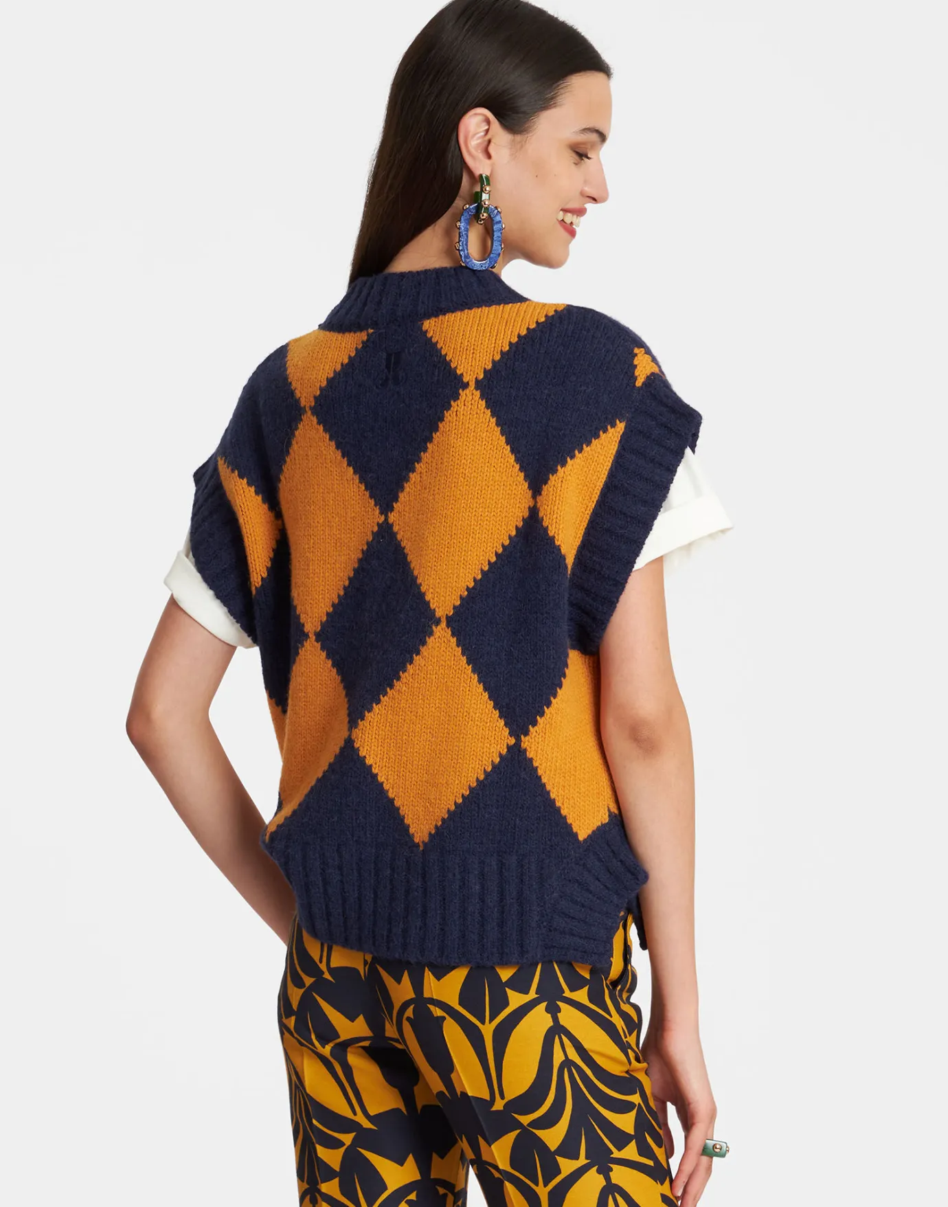 La DoubleJ Argyle GiletNavy & Yellow in Wool | Pulls | READY TO WEAR