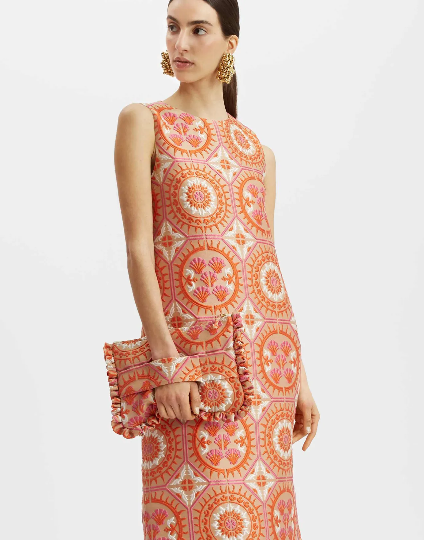 La DoubleJ Column DressSun Orange in Jacquard With Feathers | Robes | READY TO WEAR