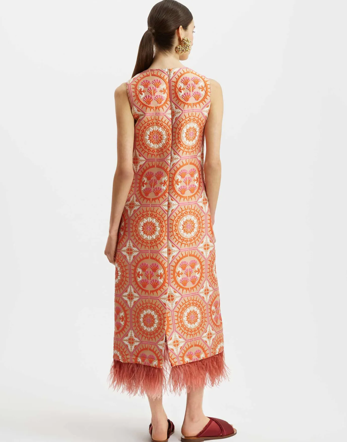 La DoubleJ Column DressSun Orange in Jacquard With Feathers | Robes | READY TO WEAR