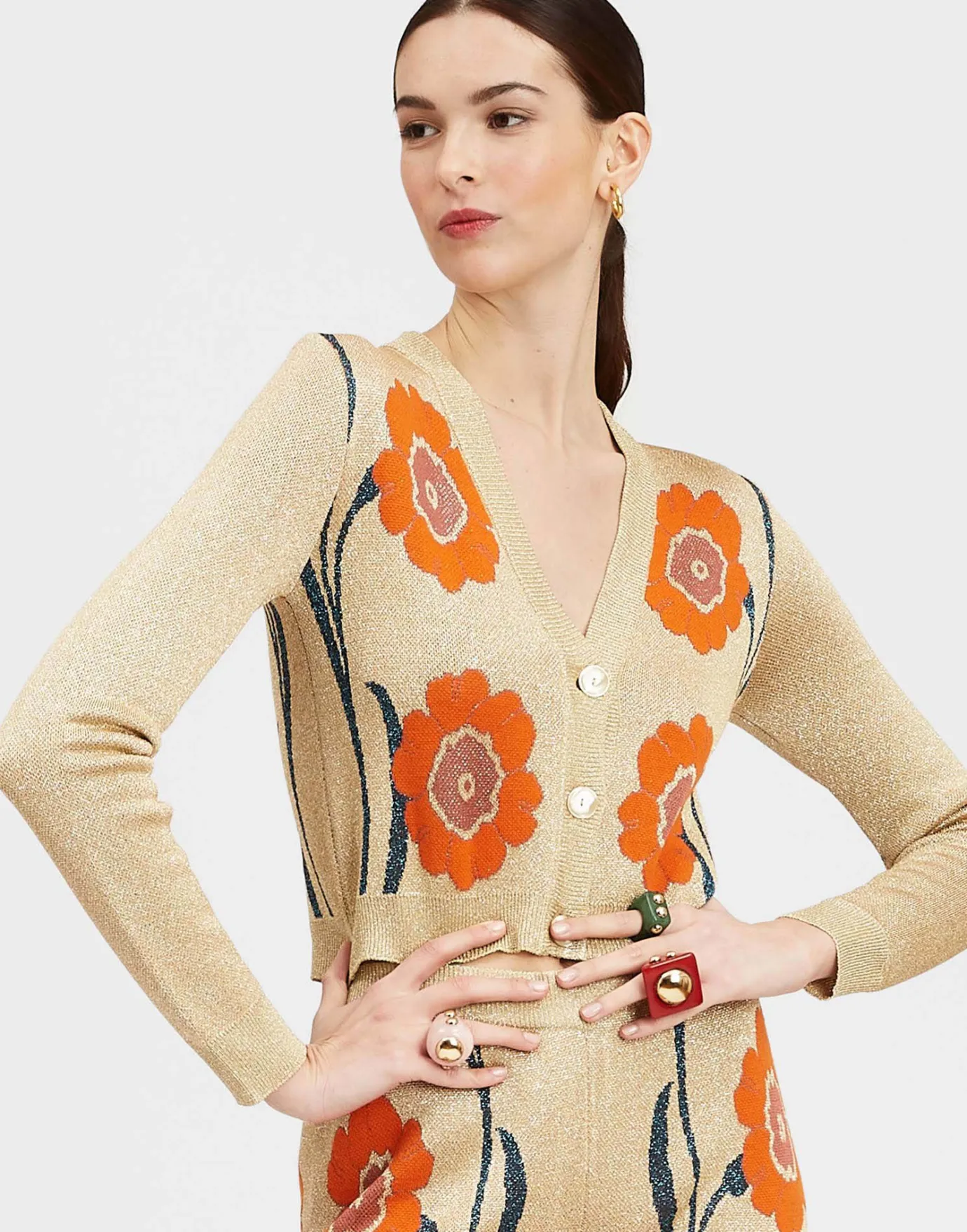 La DoubleJ Daisychain Mini CardiganOrange & Gold in Jacquard Lurex | Pulls | READY TO WEAR