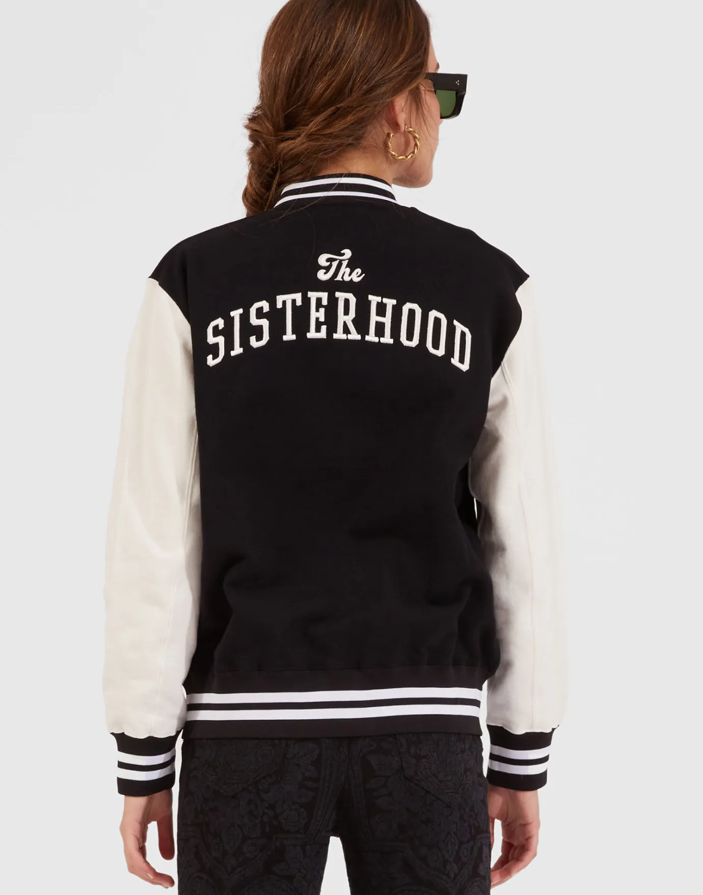 La DoubleJ Embroidered Sisterhood Varsity BomberSolid Black in Jersey | T-shirts & Sweatshirts | READY TO WEAR