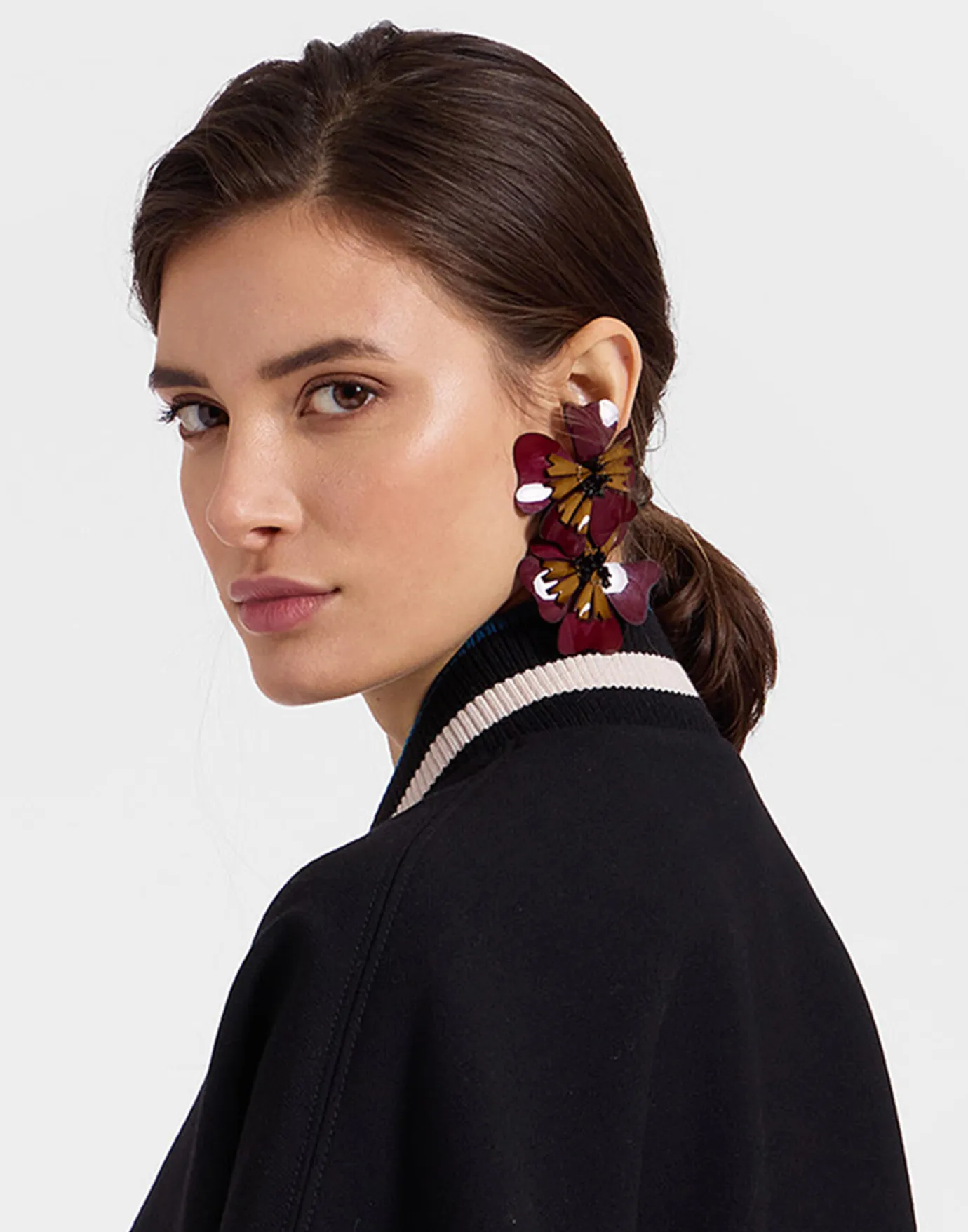 La DoubleJ Flora EarringsSolid Burgundy in Macro Pansy | ACCESSORIES | Bijoux