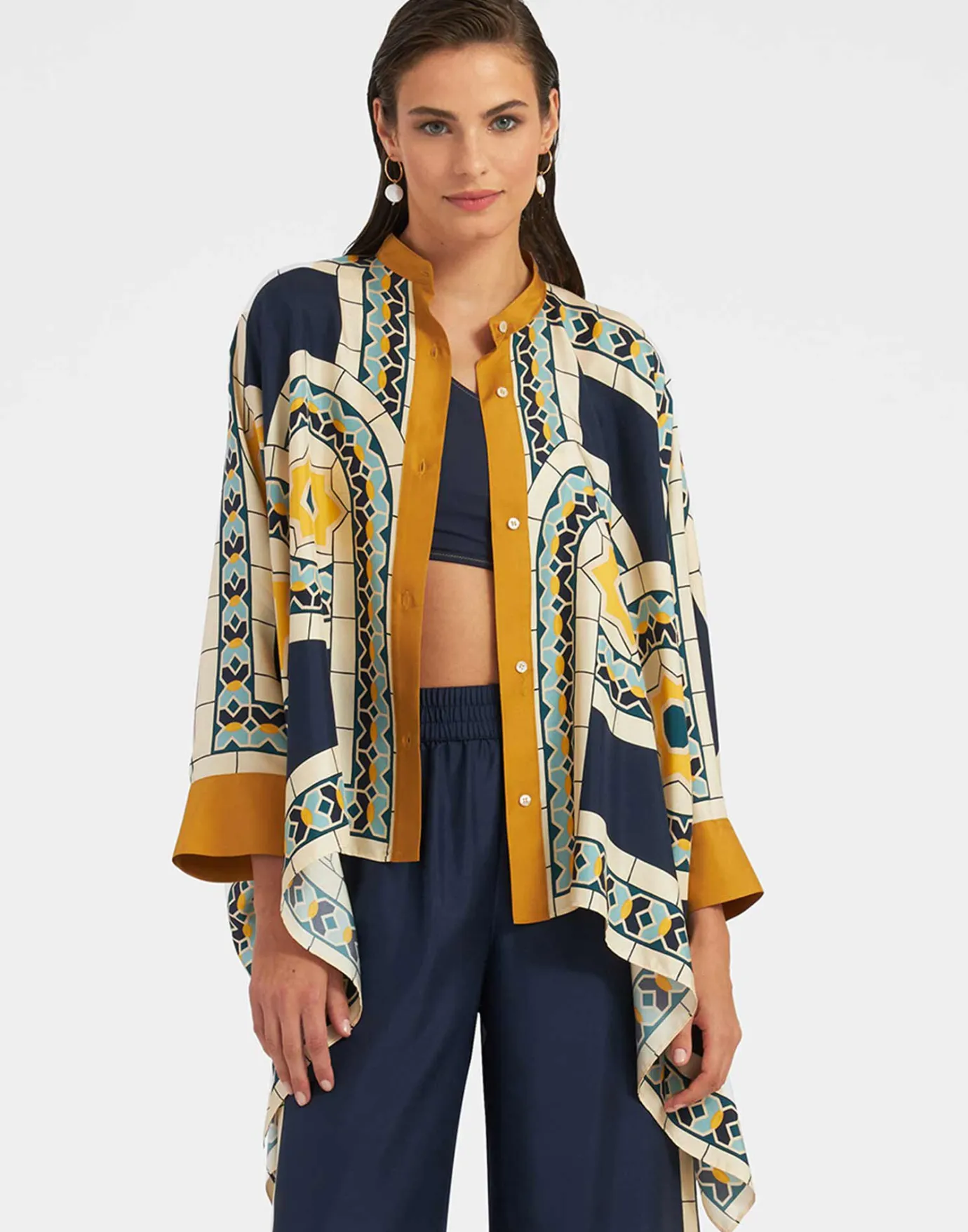 La DoubleJ Foulard ShirtMudejar Placée Blue in Silk Twill | Chemises Et Tops | READY TO WEAR