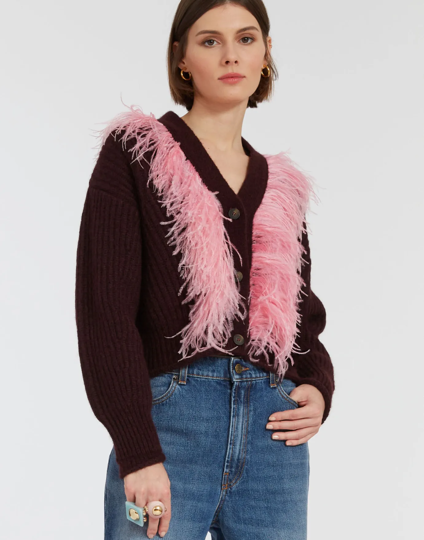 La DoubleJ High Kick CardiganBordeaux in Wool With Feathers | Pulls | READY TO WEAR