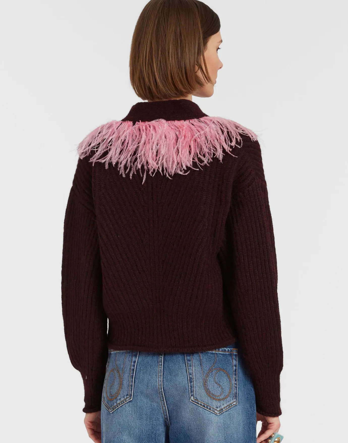 La DoubleJ High Kick CardiganBordeaux in Wool With Feathers | Pulls | READY TO WEAR