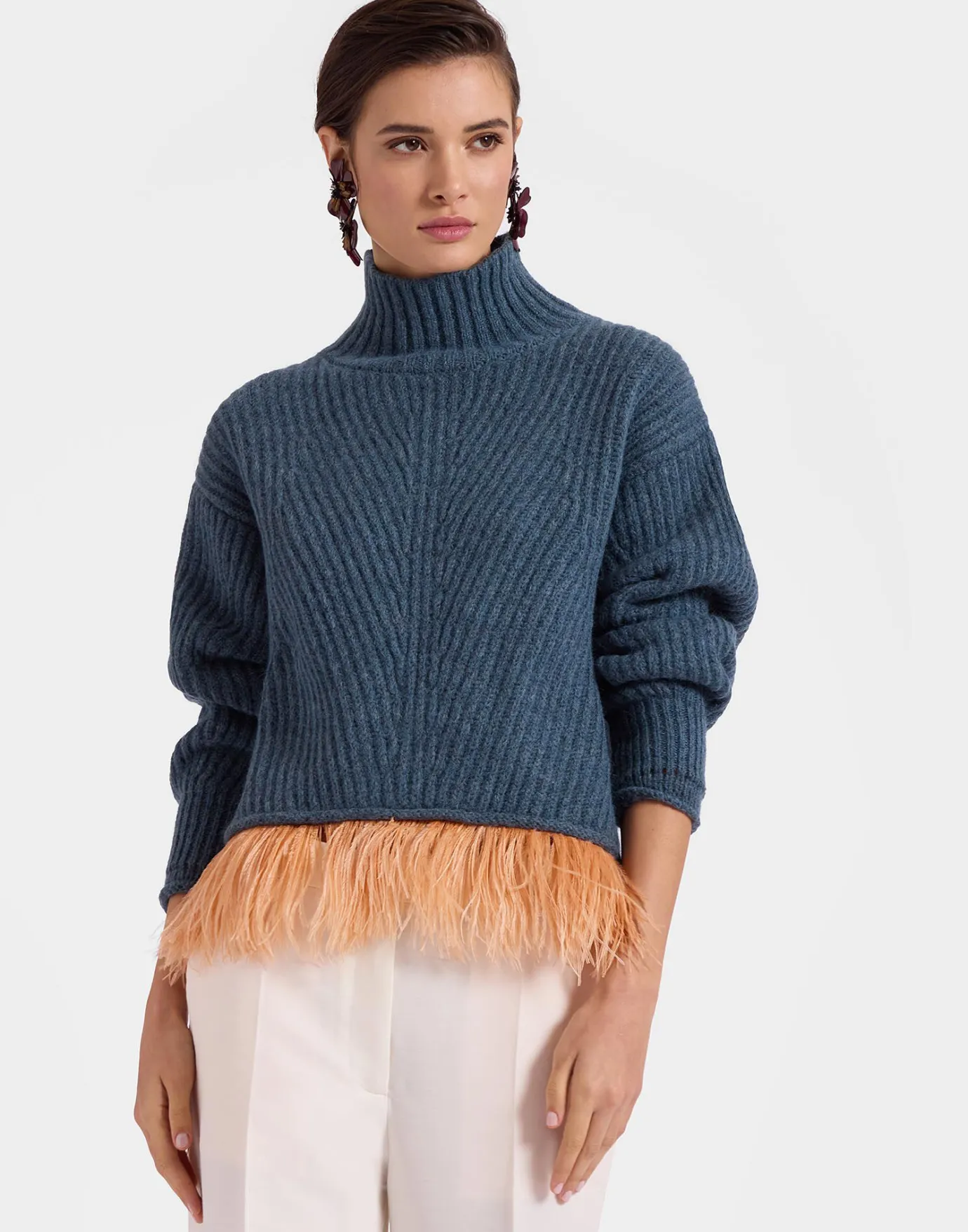 La DoubleJ High Kick SweaterBlue in Wool With Feathers | Pulls | READY TO WEAR