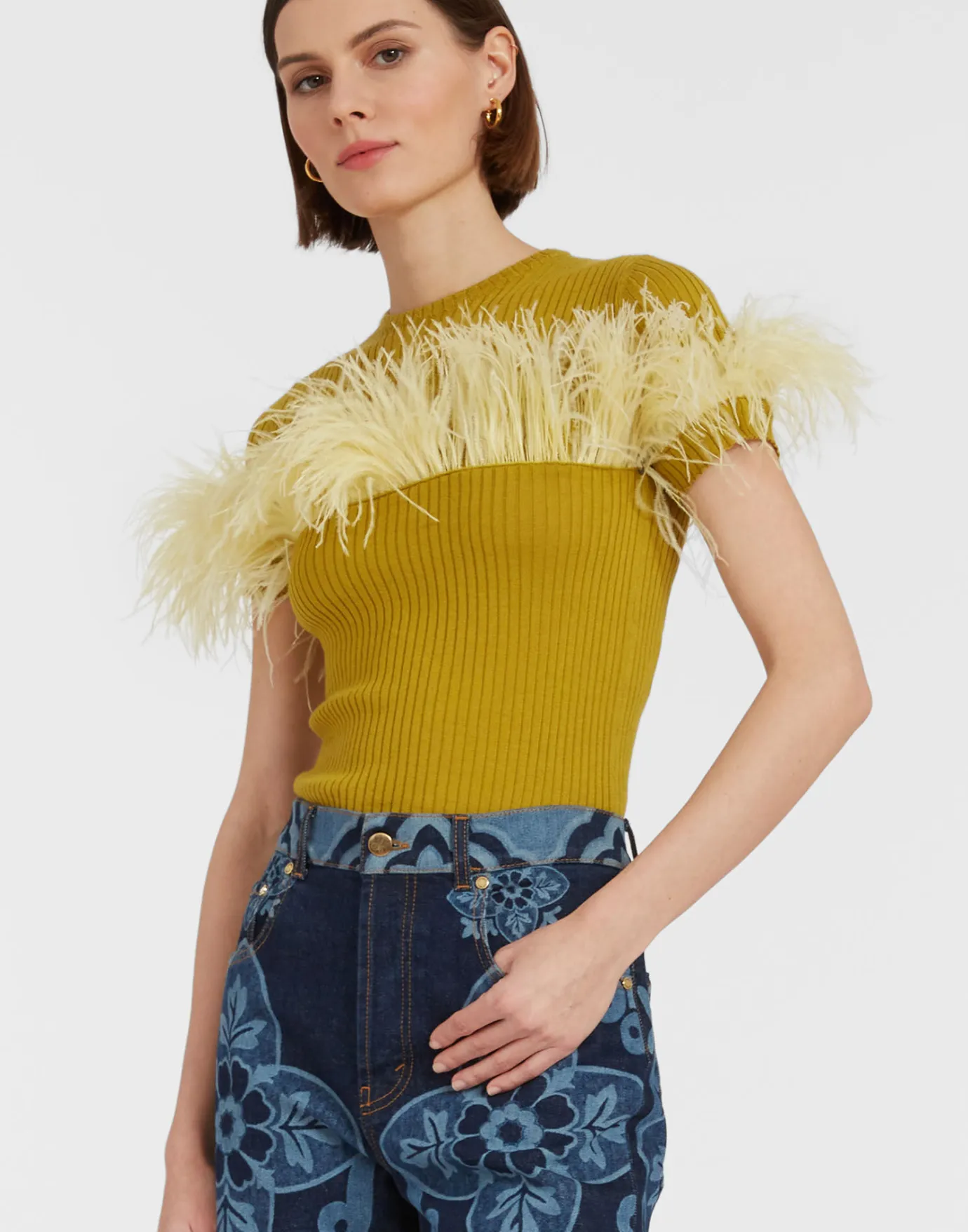 La DoubleJ High Kick TeeLime in Ribbed Silk Cashmere With Feathers | Pulls | READY TO WEAR