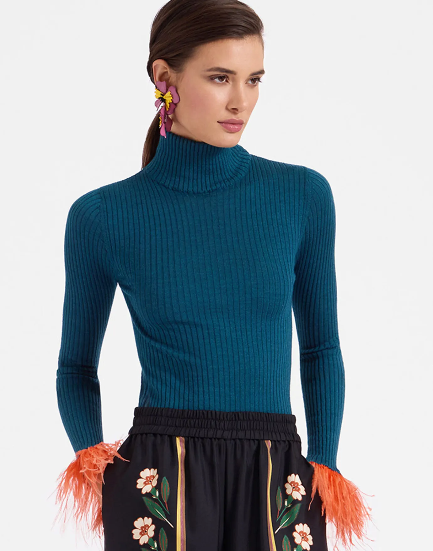 La DoubleJ High Kick TopBlue in Ribbed Silk Cashmere With Feathers | Pulls | READY TO WEAR