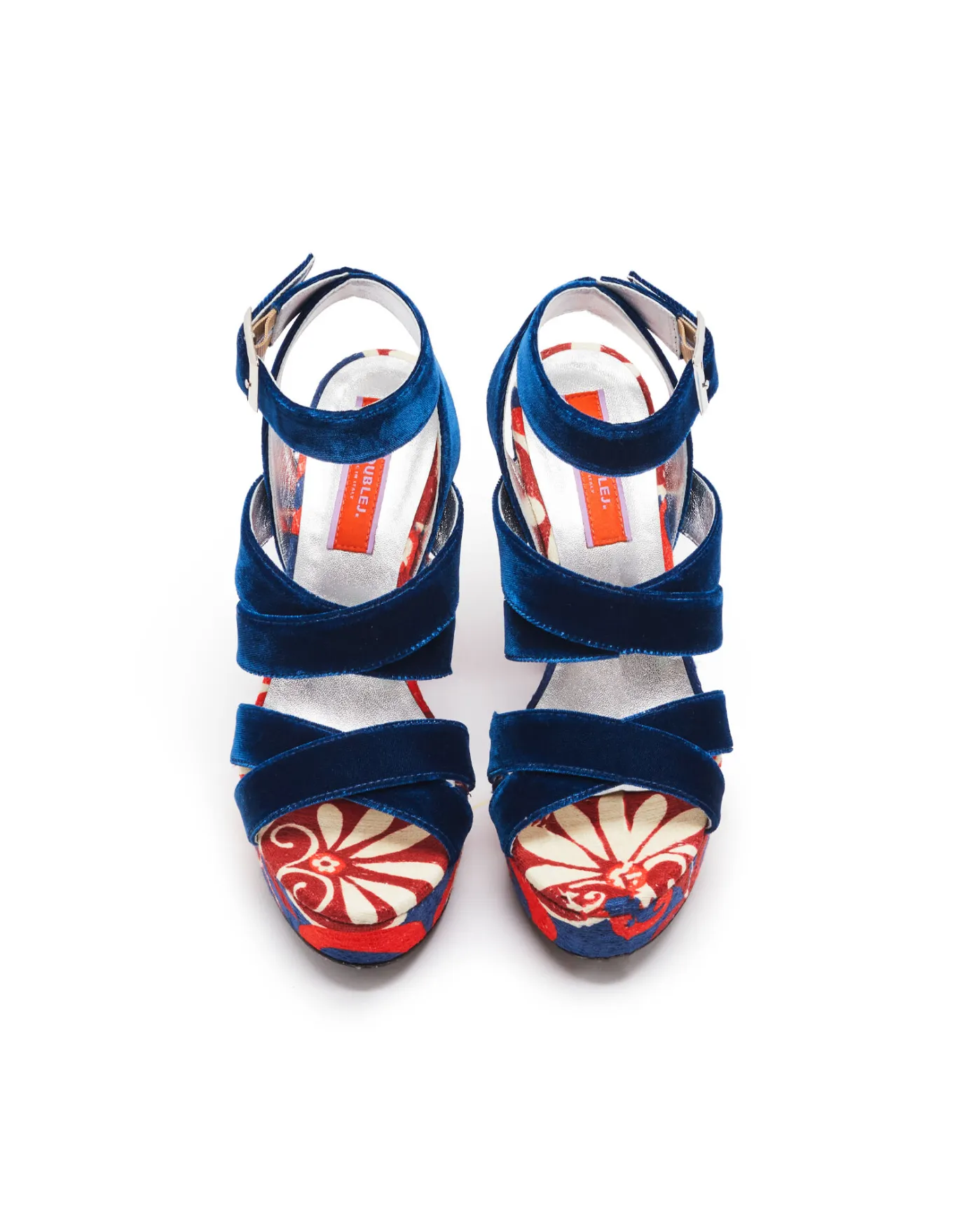 La DoubleJ Medal WedgeMoonflower Navy in Shot Cotton | Chaussures | ACCESSORIES